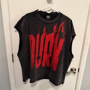 BURN distressed cut off t shirt size XL black RED